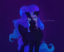 Size: 1700x1400 | Tagged: safe, artist:abbytabbys, derpibooru import, nightmare moon, princess luna, alicorn, pony, g4, alternate universe, apologizing, apology, black coat, blue mane, blue sclera, blue tail, broken horn, colored eyebrows, colored eyelashes, colored horn, colored pupils, colored sclera, crying, dialogue, ears, ears back, ethereal mane, facing you, female, floppy ears, flowing mane, flowing tail, frown, helmet, horn, implied princess celestia, long mane, long tail, looking at you, mare, mid-transformation, mismatched eyes, mismatched pupils, missing accessory, moonbound au, night background, nightmare luna, nightmare moon armor, purple eyelashes, purple text, sky background, slit eyes, solo, starry background, starry mane, starry tail, tail, talking, this will end in tears and/or a journey to the moon, transformation, unicorn horn, wavy mane, wavy tail