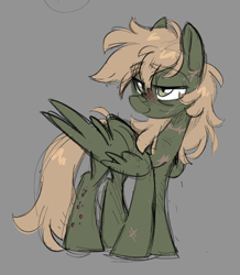 Size: 1302x1493 | Tagged: safe, artist:crimmharmony, derpibooru import, oc, oc only, oc:murky, pegasus, pony, fallout equestria, fallout equestria: murky number seven, ears up, eyebrows, fanfic art, folded wings, lidded eyes, male, pegasus oc, scar, simple background, smiling, solo, stallion, standing, wings