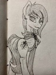 Size: 2499x3332 | Tagged: safe, artist:biergarten13, derpibooru import, oc, oc only, oc:libra, pegasus, pony, fallout equestria, butt, clothes, enclave, looking at you, pencil drawing, presenting, presenting butt, sketch, solo, traditional art, unbuttoned, uniform