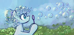 Size: 748x358 | Tagged: safe, artist:plunger, derpibooru import, pony, blowing bubbles, bubble, bubble blower, bubble wand, female, mare, outdoors, solo