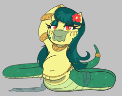 Size: 1004x797 | Tagged: safe, artist:otl crafts, derpibooru import, oc, oc only, oc:silia, lamia, original species, pony, snake, snake pony, arm behind head, belly, belly button, belly dancer, chubby, clothes, cool s, fangs, flower, flower in hair, jewelry, looking at you, mask, scales, smiling, smiling at you, solo