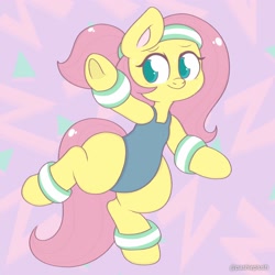 Size: 2048x2048 | Tagged: safe, artist:pashieplush, derpibooru import, fluttershy, pegasus, pony, g4, 80s, bipedal, blue leotard, clothes, female, fluttershy leotard, high res, leotard, mare, smiling, solo, underhoof, wingless, workout, workout outfit