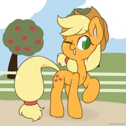 Size: 2000x2000 | Tagged: safe, artist:pashieplush, derpibooru import, applejack, earth pony, pony, g4, apple, apple tree, cute, female, high res, jackabetes, mare, one eye closed, open mouth, open smile, outdoors, raised hoof, raised leg, smiling, solo, tree, wink