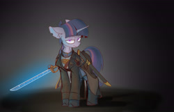 Size: 5512x3543 | Tagged: safe, artist:china consists of them!, derpibooru import, twilight sparkle, unicorn twilight, pony, unicorn, g4, boots, clothes, grumpy, grumpy twilight, looking at you, pinpoint eyes, shoes, solo, sword, warhammer (game), warhammer 40k, weapon