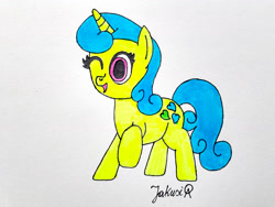 Size: 3264x2448 | Tagged: safe, artist:jakusi, derpibooru import, lemon hearts, pony, unicorn, g4, background pony, female, horn, looking at you, mare, one eye closed, raised hoof, raised leg, signature, smiling, smiling at you, solo, traditional art, wink, winking at you