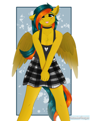 Size: 3000x4000 | Tagged: safe, artist:decemberbreeze, derpibooru import, oc, oc only, oc:ocean breeze, anthro, pegasus, :p, choker, looking at you, partially open wings, passepartout, pegasus oc, signature, smiling, smiling at you, solo, tongue, tongue out, wings