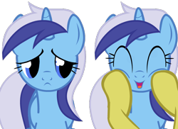 Size: 764x556 | Tagged: safe, artist:anonymous, derpibooru import, minuette, pony, unicorn, g4, blue eyes, blue mane, cute, drawthread, ears, ears up, eyelashes, eyes closed, female, frown, happy, hooves, horn, implied lemon hearts, mare, minubetes, my little pony: friendship is magic, ponified, requested art, sad, simple background, species swap, touching, transparent background, unhappy, white mane