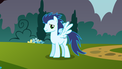 Size: 2560x1440 | Tagged: safe, derpibooru import, screencap, soarin', pegasus, pony, g4, male, outdoors, smiling, solo, stallion