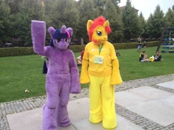 Size: 1306x979 | Tagged: safe, derpibooru import, sunset shimmer, twilight sparkle, twilight sparkle (alicorn), alicorn, g4, 2014, duo, fursuit, galacon, irl, outdoors, photo, ponysuit