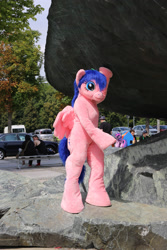 Size: 1824x2736 | Tagged: safe, artist:atalonthedeer, derpibooru import, firefly, g1, 2014, fountain, fursuit, galacon, hat, outdoors, ponysuit, solo