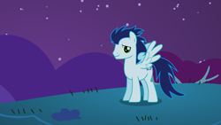 Size: 2560x1440 | Tagged: safe, derpibooru import, soarin', pegasus, pony, g4, night, outdoors, smiling, solo