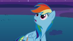 Size: 2560x1440 | Tagged: safe, derpibooru import, rainbow dash, pegasus, pony, g4, night, outdoors, sitting, solo, surprised