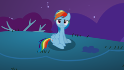 Size: 2560x1440 | Tagged: safe, derpibooru import, rainbow dash, pegasus, pony, g4, night, outdoors, sitting, smiling, solo