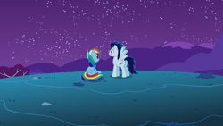 Size: 2560x1440 | Tagged: safe, derpibooru import, rainbow dash, soarin', pegasus, pony, g4, blushing, duo, duo male and female, female, male, night, outdoors, shipping, soarindash, straight