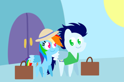 Size: 1935x1285 | Tagged: safe, anonymous artist, derpibooru exclusive, derpibooru import, rainbow dash, soarin', pegasus, pony, series:soarindash honeymoon, series:soarindash romantic tales, g4, clothes, duo, duo male and female, female, hat, looking at each other, looking at someone, male, mare, outdoors, pointy ponies, shipping, smiling, smiling at each other, soarindash, stallion, straight