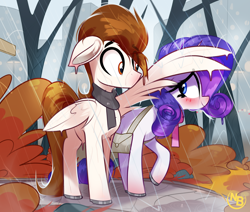 Size: 4270x3617 | Tagged: safe, artist:nevobaster, derpibooru import, rarity, oc, oc:rml, pegasus, pony, unicorn, g4, autumn, blushing, canon x oc, city, covering, cute, eyelashes, eyes closed, eyeshadow, female, forest, horn, lidded eyes, makeup, mare, nature, outdoors, rain, raribetes, shipping, sitting, skyscraper, tree, wet, wet mane, wing umbrella, wings