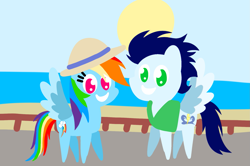 Size: 1935x1285 | Tagged: safe, anonymous artist, derpibooru exclusive, derpibooru import, rainbow dash, soarin', pegasus, pony, series:soarindash honeymoon, series:soarindash romantic tales, g4, beach, clothes, cute, dashabetes, duo, duo male and female, female, hat, heartwarming, looking at you, male, mare, outdoors, pointy ponies, primal, rainbow dash is best pony, romantic, shipping, smiling, smiling at you, soarinbetes, soarindash, stallion, straight, sweet dreams fuel