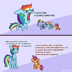 Size: 2200x2200 | Tagged: safe, artist:nawnii, derpibooru import, bow hothoof, rainbow dash, scootaloo, windy whistles, pegasus, pony, g4, parental glideance, female, filly, foal, male, mare, my little pony: friendship is magic, stallion, teary eyes, vulgar, yelling