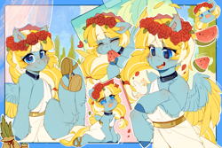 Size: 3000x2000 | Tagged: safe, artist:t_sugar_x, derpibooru import, oc, oc only, oc:phileek, pegasus, clothes, collar, floral head wreath, flower, flower in hair, pegasus oc, sandals, toga, wreath