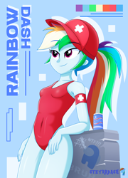 Size: 1300x1802 | Tagged: safe, artist:steyrrdash, derpibooru import, rainbow dash, human, equestria girls, g4, among us, cap, clothes, hat, legs together, lifeguard, one-piece swimsuit, red swimsuit, solo, swimsuit