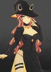 Size: 3307x4677 | Tagged: safe, artist:deeemperor, derpibooru import, sunset shimmer, human, equestria girls, g4, black background, breasts, choker, clothes, cute, dress, ears, gradient background, grin, hair over one eye, nail polish, ponied up, shimmerbetes, simple background, smiling, solo, sunset jiggler, witch, witch costume