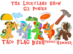 Size: 1032x774 | Tagged: safe, artist:meghan12345, derpibooru import, earth pony, pegasus, pony, g3, bow, bush (the luckyland show), cutie mark, female, flag (the luckyland show), flying, frisbee (the luckyland show), group, hair bow, hammer (the luckyland show), hat, male, mare, open mouth, open smile, ponified, raised hoof, raised hooves, raised leg, simple background, smiling, species swap, spread wings, stallion, taco (the luckyland show), the luckyland show, transparent background, wings