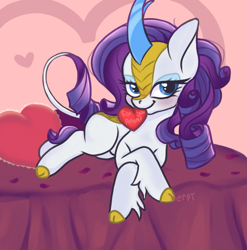 Size: 782x790 | Tagged: safe, artist:derpiwoo, derpibooru import, rarity, kirin, g4, bedroom eyes, blushing, cloven hooves, crossed hooves, female, heart, holiday, implied anon, indoors, kirin rarity, kirin-ified, looking at you, lying down, mare, mouth hold, signature, solo, species swap, valentine's day