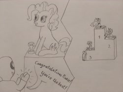 Size: 4032x3016 | Tagged: safe, artist:jakusi, derpibooru import, pinkie pie, princess celestia, princess luna, oc, oc:anon, g4, 2 panel comic, 4chan, cheering, clapping, comic, happy, miss /mlp/, miss /mlp/ 2022, podium, sitting, sketch, speech bubble, text, traditional art, trophy