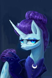 Size: 3000x4500 | Tagged: safe, artist:anastas, derpibooru import, rarity, pony, unicorn, g4, the cutie re-mark, alternate hairstyle, alternate timeline, digital painting, eyelashes, eyeshadow, female, horn, lidded eyes, looking at you, makeup, mare, my little pony: friendship is magic, night maid rarity, nightmare takeover timeline, solo, sternocleidomastoid, unamused