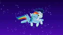 Size: 2560x1440 | Tagged: safe, derpibooru import, rainbow dash, soarin', pegasus, pony, daring don't, g4, duo, duo male and female, female, flying, hug, male, my little pony: friendship is magic, night, outdoors, shipping, soarindash, straight