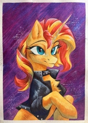 Size: 2806x3942 | Tagged: safe, artist:jsunlight, derpibooru import, sunset shimmer, pony, unicorn, g4, chest fluff, clothes, collar, female, horn, jacket, mare, passepartout, smiling, solo, traditional art, watercolor painting