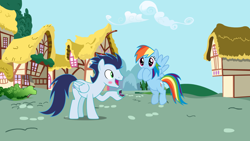 Size: 2560x1440 | Tagged: safe, derpibooru import, rainbow dash, soarin', pegasus, pony, g4, blushing, duo, duo male and female, female, jewelry, male, outdoors, ponyville, ring, shipping, soarindash, straight, surprised