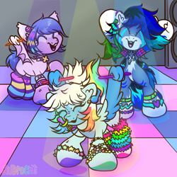 Size: 2100x2100 | Tagged: safe, artist:audreen, derpibooru import, oc, oc only, pony, dancing, indoors, open mouth, open smile, smiling, trio