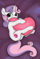 Size: 1536x2244 | Tagged: safe, artist:mfg637, derpibooru import, sweetie belle, pony, unicorn, g4, ai interpretation, cute, diasweetes, digital art, dock, female, filly, foal, heart, heart pillow, horn, hug, pillow, pillow hug, solo, tail