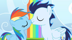 Size: 1280x711 | Tagged: safe, artist:soarindasher10, derpibooru import, rainbow dash, soarin', pegasus, pony, g4, cute, dashabetes, duo, duo male and female, female, heartwarming, kiss on the lips, kissing, male, mare, primal, rainbow dasdh is best pony, rainbow dash is best pony, romantic, shipping, soarindash, soaringbetes, stallion, straight, sweet dreams fuel