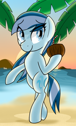 Size: 1500x2500 | Tagged: safe, artist:notadeliciouspotato, derpibooru import, oc, oc only, oc:serene dive, earth pony, semi-anthro, beach, bipedal, coconut cup, female, hoof hold, looking at you, mare, smiling, solo, sun, water