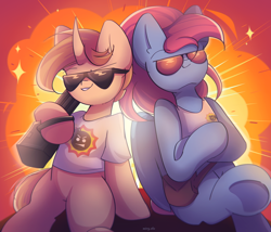 Size: 2750x2350 | Tagged: safe, artist:miryelis, derpibooru import, oc, oc only, oc:brave boi, oc:rainven wep, pegasus, pony, unicorn, clothes, colt, explosion, female, foal, glasses, gun, horn, long hair, male, mare, serious sam, shirt, signature, sitting, smiling, sparkles, t-shirt, weapon