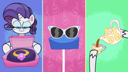 Size: 1920x1080 | Tagged: safe, derpibooru import, screencap, rarity, pony, unicorn, don't look a .gif horse in the mouth, g4, g4.5, my little pony: pony life, cup, female, gem, horn, mare, pouring, sunglasses, teacup, teapot