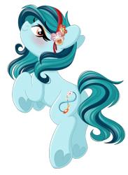 Size: 1210x1653 | Tagged: safe, artist:emberslament, derpibooru import, oc, oc only, oc:koi blossom, earth pony, cute, earth pony oc, eyeshadow, female, flower, flower in hair, headband, heart, heart eyes, hoof heart, makeup, mare, simple background, solo, transparent background, underhoof, wingding eyes