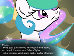 Size: 1600x1200 | Tagged: safe, artist:1611volk, derpibooru import, princess celestia, alicorn, pony, g4, bible, bible verse, bust, christianity, ethereal mane, female, hairband, mare, ponytail, religion, solo, text