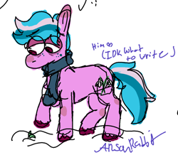 Size: 495x431 | Tagged: safe, artist:arsonrabbit, derpibooru import, oc, oc only, oc:frigid flower, earth pony, pony, g4, blue hair, blue mane, blue tail, clothes, digital art, doodle, earth pony oc, freckles, hooves, looking at something, looking down, male, pink coat, plant, raised hoof, raised leg, red eyes, red hooves, scarf, signature, simple background, solo, stallion, tail, text