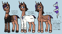 Size: 3900x2162 | Tagged: safe, artist:manticorpse, derpibooru import, oc, oc:hazelnut spread, unicorn, clothes, emo, horn, lab coat, male, necktie, piercing, stallion