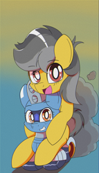 Size: 2000x3500 | Tagged: safe, artist:trackheadtherobopony, derpibooru import, oc, oc:silverstream (robot pony), oc:thunder (fl), original species, pegasus, pony, robot, robot pony, looking at you, riding, riding a pony, smoke, wheelpone