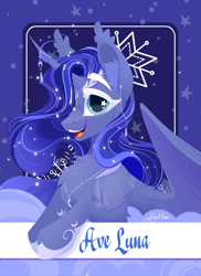 Size: 1739x2388 | Tagged: safe, artist:alrumoon_art, derpibooru import, alicorn, abstract background, ave luna, clothes, ear fluff, ear piercing, ears, female, hair over one eye, jewelry, looking at you, mare, necklace, open mouth, piercing, see-through, solo, starry eyes, text, white eyelashes, wingding eyes