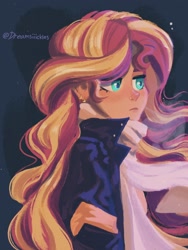 Size: 1536x2048 | Tagged: safe, artist:dreamz, derpibooru import, sunset shimmer, equestria girls, g4, clothes, ear piercing, earring, female, jewelry, nose piercing, piercing, scarf, solo, winter