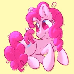 Size: 1933x1933 | Tagged: safe, artist:cupute, derpibooru import, pinkie pie, earth pony, pony, g4, adorable face, big ears, big eyes, blue eyes, bluesky, creature, curly hair, curly mane, curly tail, cute, cute face, diapinkes, ears, ears up, female, frizzy hair, full body, highlights, looking at each other, looking at hooves, looking at someone, looking at something, looking forward, lying down, mascara, messy mane, nerd, pink coat, pink hair, pink mane, pink tail, ponk, shiny, shiny mane, silly, simple background, smiling, tail, thick eyelashes, yellow background