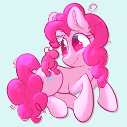 Size: 1933x1933 | Tagged: safe, artist:cupute, derpibooru import, pinkie pie, earth pony, pony, g4, adorable face, big ears, big eyes, blue background, blue eyes, bluesky, creature, curly hair, curly mane, curly tail, cute, cute face, diapinkes, ears, ears up, female, frizzy hair, full body, highlights, looking at each other, looking at hooves, looking at someone, looking at something, looking forward, lying down, mascara, messy mane, nerd, pink coat, pink hair, pink mane, pink tail, ponk, shiny, shiny mane, silly, simple background, smiling, tail, thick eyelashes