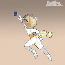 Size: 1200x1200 | Tagged: safe, artist:cold-blooded-twilight, derpibooru import, applejack, anthro, earth pony, g4, apple, ass, blushing, butt, dock, female, food, freckles, midriff, raised tail, smiling, spacesuit, tail, younger