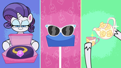 Size: 1920x1080 | Tagged: safe, derpibooru import, screencap, rarity, pony, unicorn, don't look a .gif horse in the mouth, g4, g4.5, my little pony: pony life, cup, female, gem, horn, mare, sunglasses, teacup, teapot