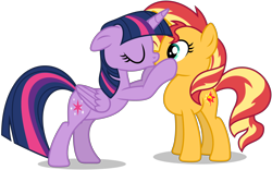 Size: 6314x3942 | Tagged: safe, artist:creedyboy124, derpibooru import, sunset shimmer, twilight sparkle, twilight sparkle (alicorn), alicorn, pony, unicorn, g4, duo, duo female, eyes closed, female, females only, horn, kissing, lesbian, mare, multicolored hair, shipping, show accurate, simple background, sunsetsparkle, transparent background, vector, wings